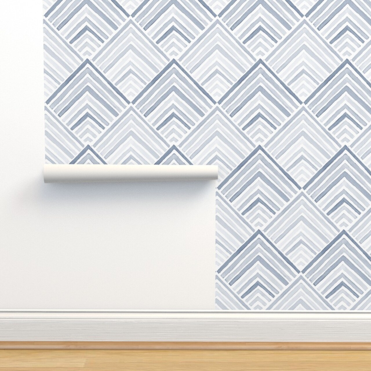 Coastal Geometric Modern Blue Monochrome Lines Neutral Beach Sea Chevron Custom Removable Wallpaper by Spoonflower Peel & Stick Wallpaper 2FT Wide